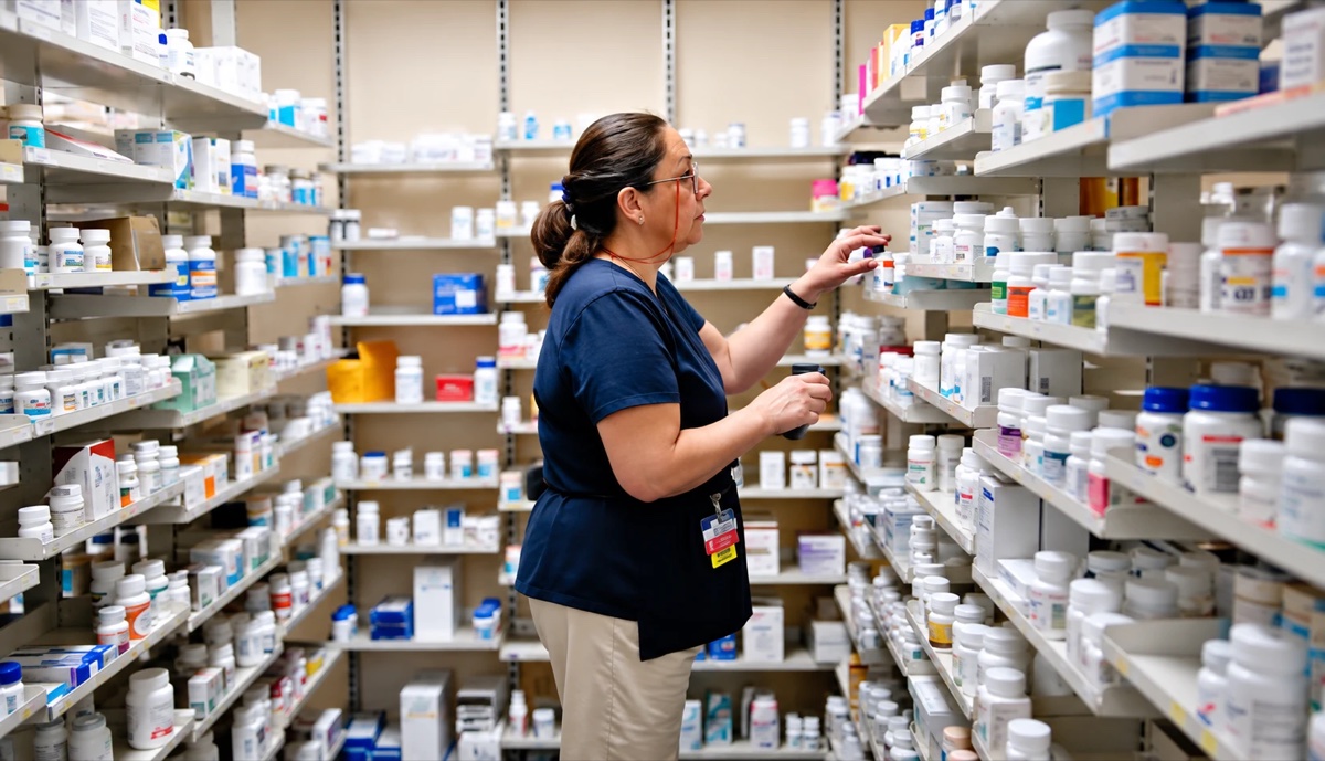 Pharmacy technician scanning stock on pharmacy shelves
