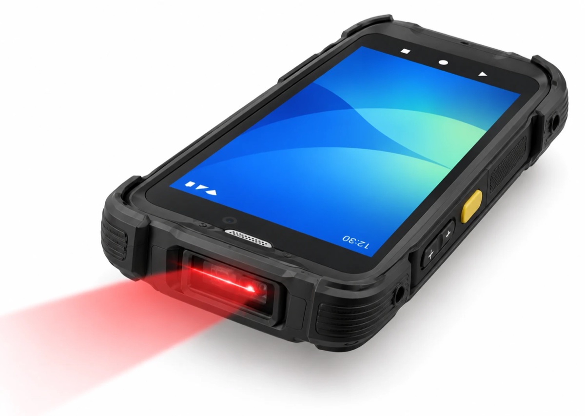 Rugged Android handheld with a built-in laser scanner and a yellow side scan button